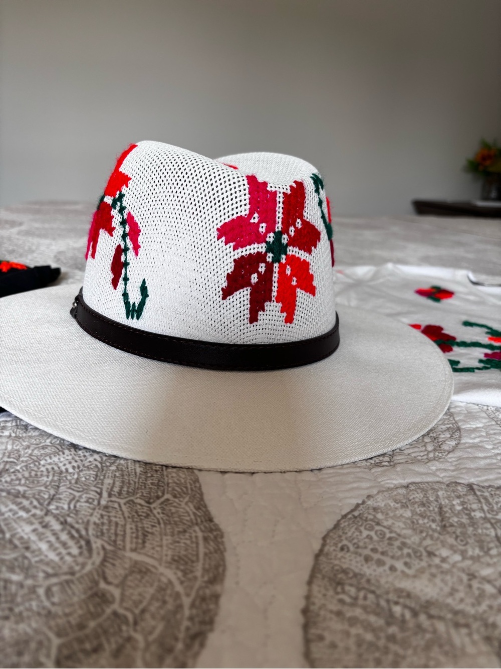 White Straw Fedora Hat with Red Floral Embroidery